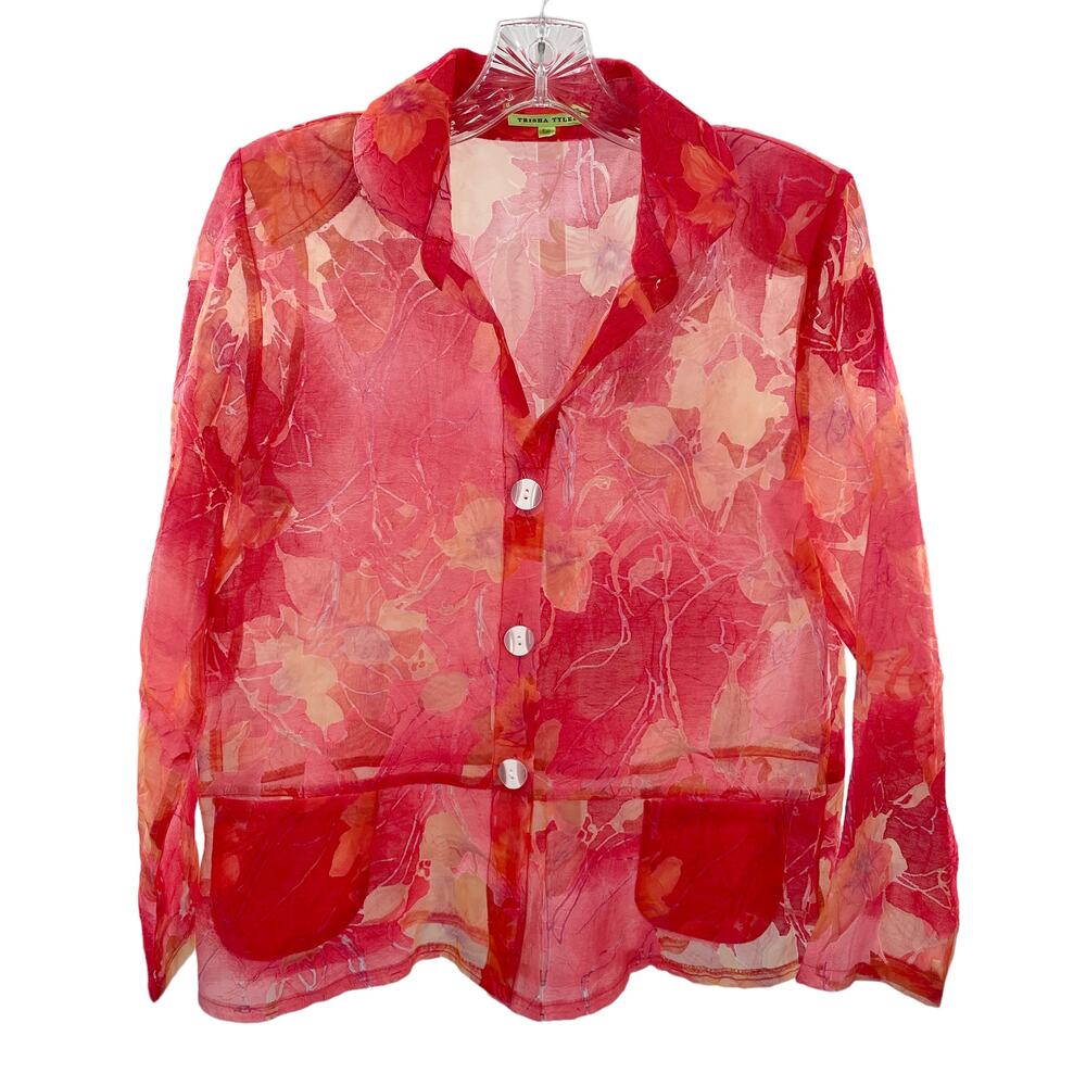 Trisha Tyler Red Floral Sheer Peplum Button Front Top Blouse Women Sz PS